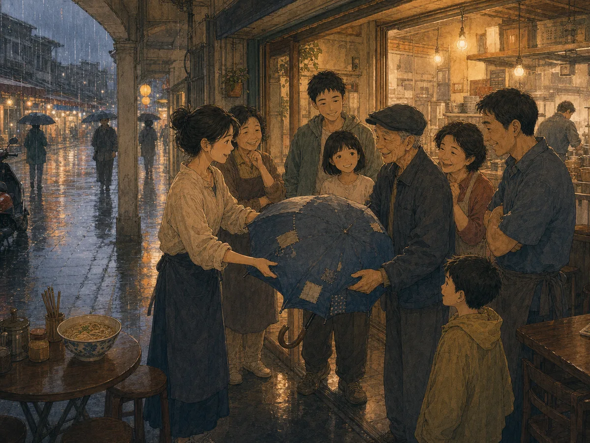 Neighbors gather around a patched blue umbrella returned to a rainy noodle shop doorway.