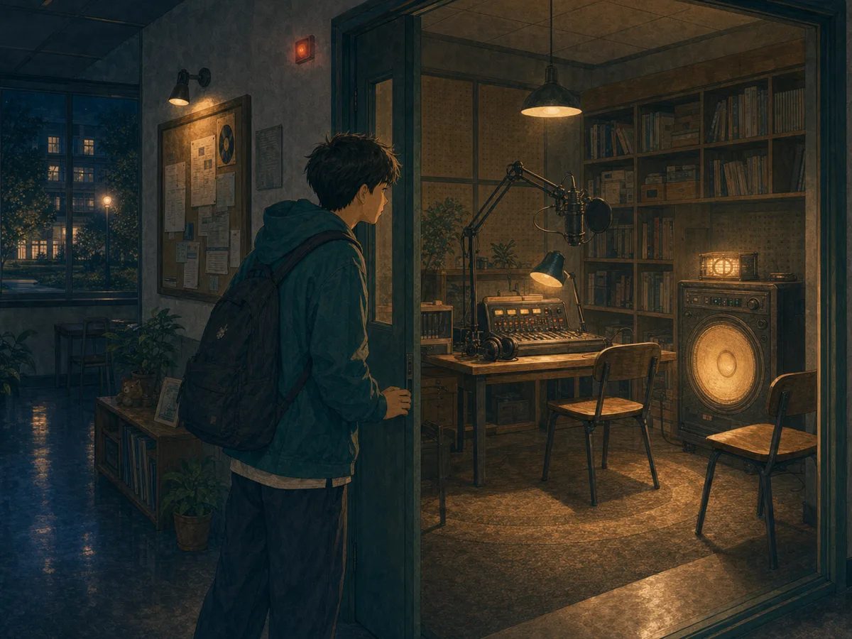 A student radio host pauses outside an empty recording studio with an old speaker glowing inside.