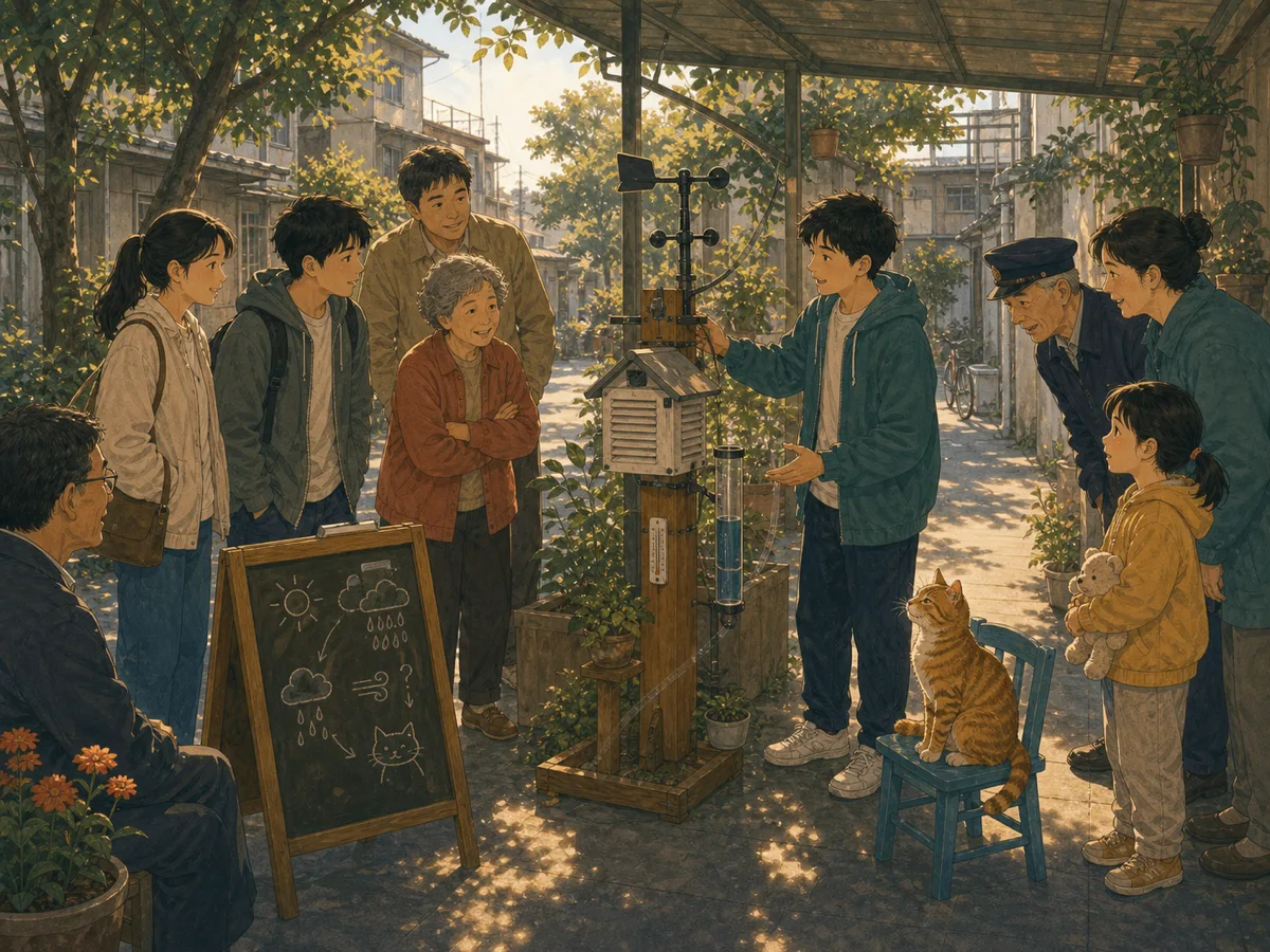 Alley neighbors compare a homemade weather station with an orange cat sitting nearby.