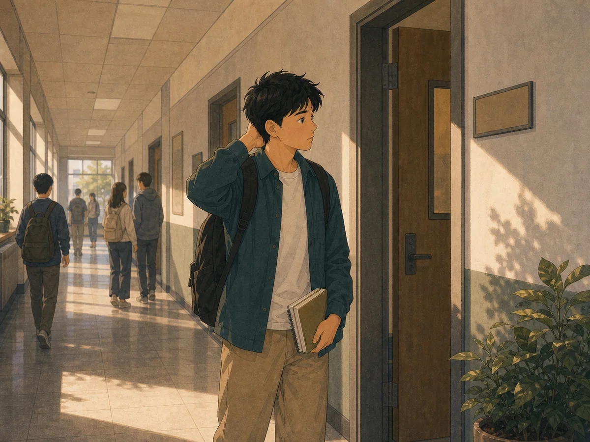 Illustration for The Wrong Classroom showing a student at the wrong classroom door.
