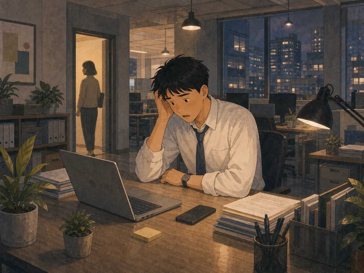 Illustration for The Wrong Group Chat showing an office worker realizing a messaging mistake.