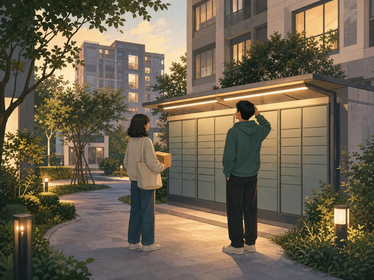 Illustration for The Wrong Locker Code showing neighbors near parcel lockers in a Mainland residential compound.