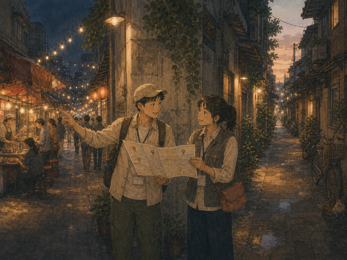 Two local guides compare a blank-marked map at the entrance to glowing Taiwan alleys.