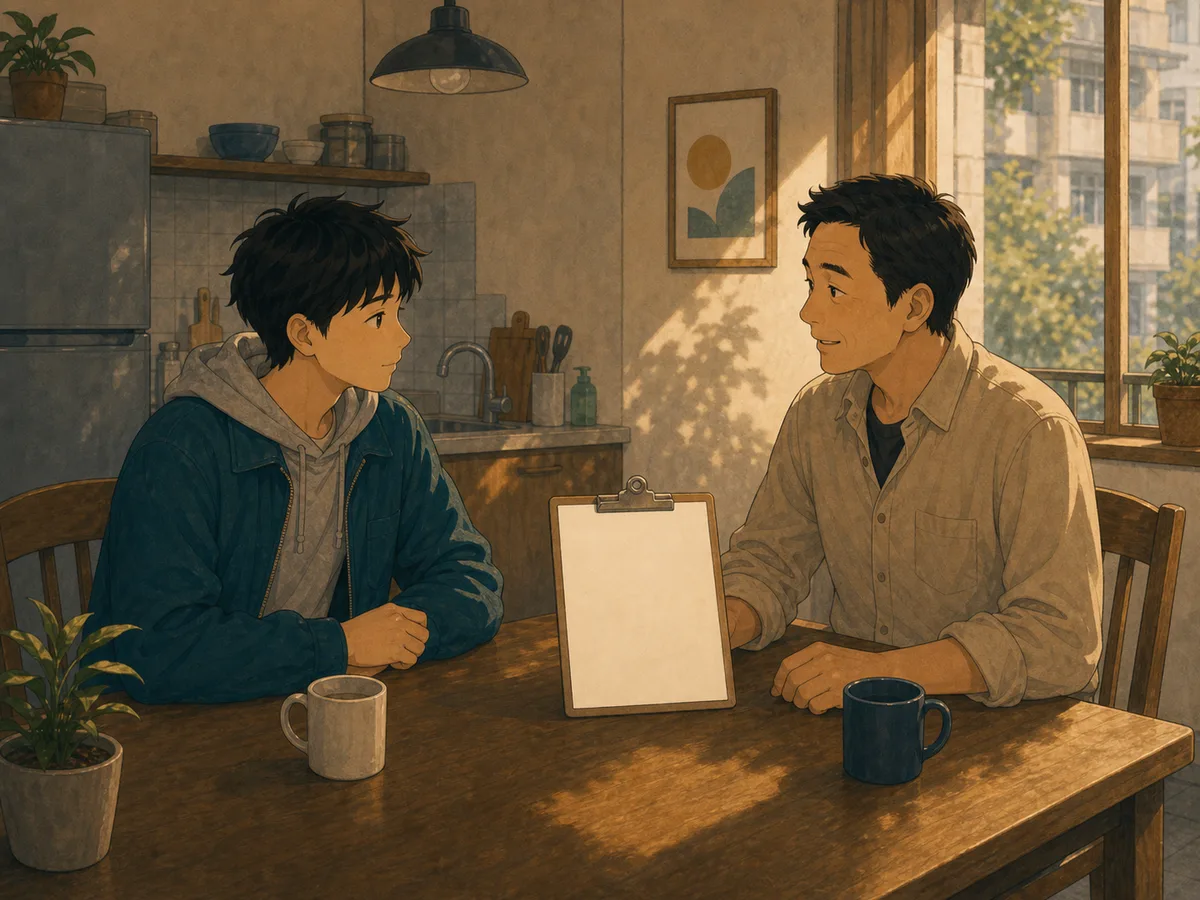A Taiwan tenant and landlord sit at a kitchen table with a blank repair checklist.