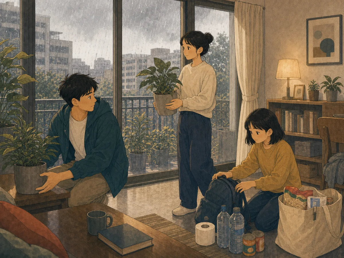 Illustration for Typhoon Holiday showing a Taiwan household calmly preparing indoors for rain.