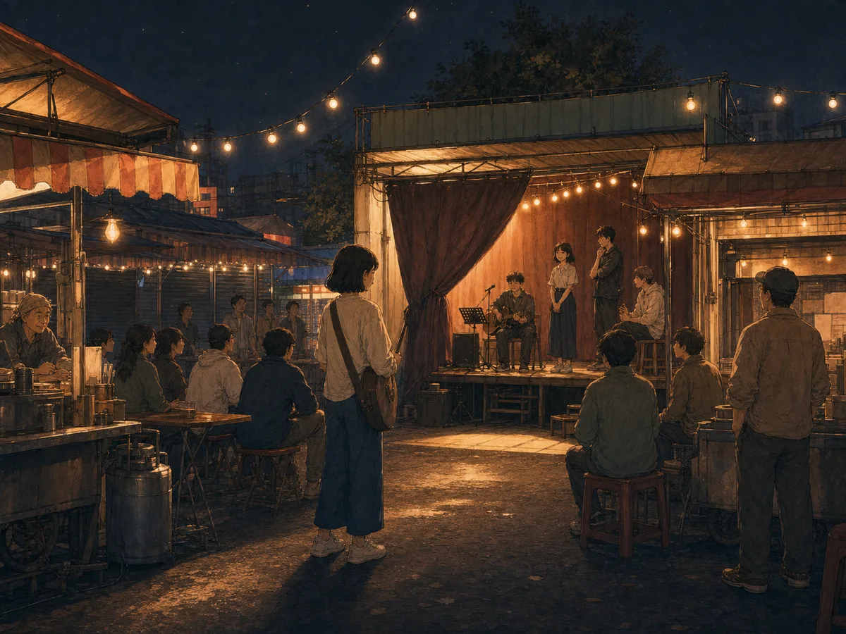 A half-open night-market stage glows under string lights while a young singer waits among the audience.