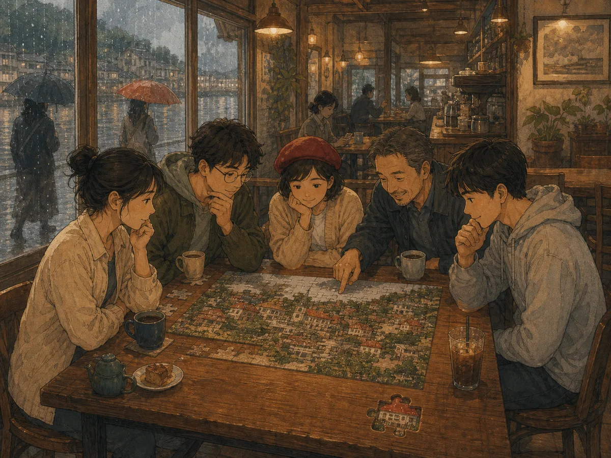 Rainy cafe customers gather around an old puzzle with a missing red roof piece.