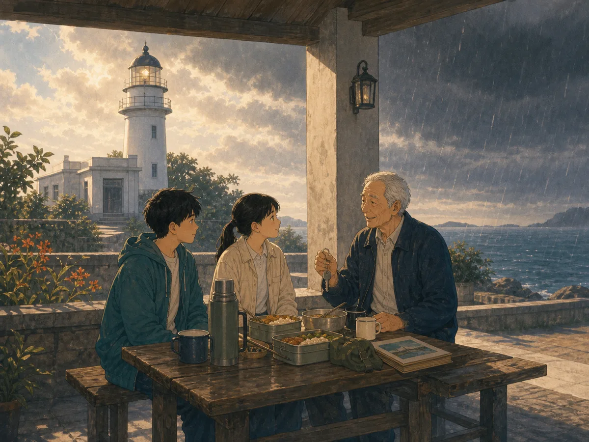 Two postcard-club friends share lunch with a retired lighthouse keeper beside an island lighthouse.