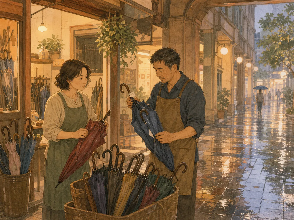 Two shopkeepers fold wet umbrellas together under a Taiwan arcade after the rain.